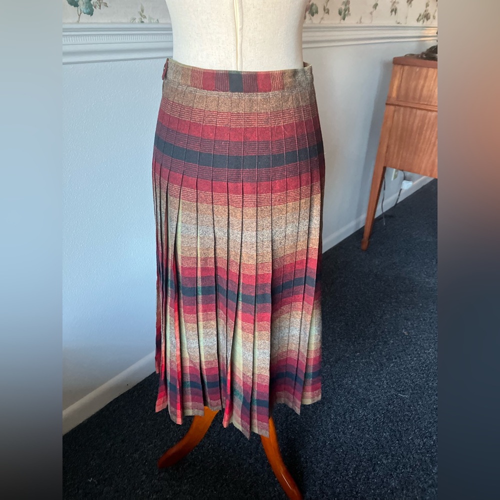 Vintage Wool Drop Waist Pleated Red & Brown Plaid Midi Skirt - Picture 3 of 4